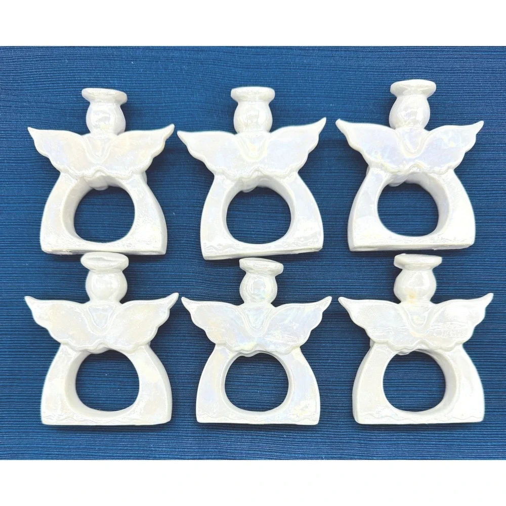 White Iridescent Angel Napkin Rings Set of 6 Vintage Christmas Lustreware Taiwan